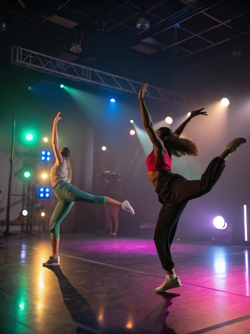 A dynamic image of dancers rehearsing for a SOCIETE MUSICALE DE ST AIGULIN performance, showcasing their energy and passion, with the stage lights creating a dramatic effect.