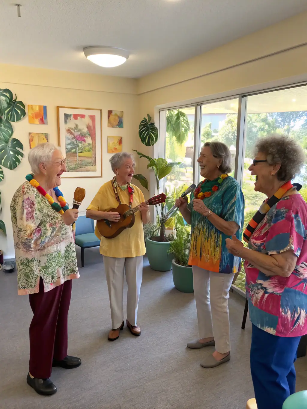 A heartwarming image of elderly individuals participating in a SOCIETE MUSICALE DE ST AIGULIN music therapy session, playing simple instruments and singing together, with smiles and expressions of joy.