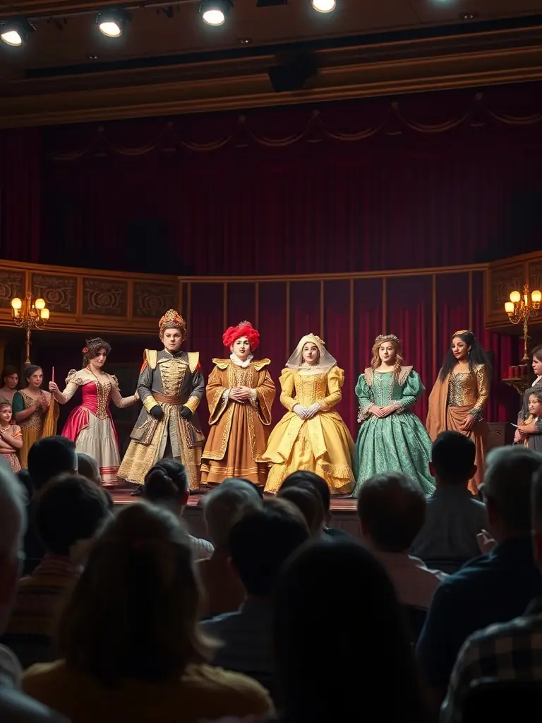 A captivating image of a SOCIETE MUSICALE DE ST AIGULIN theatrical production, showcasing actors in elaborate costumes performing a scene with dramatic lighting and expressive gestures.