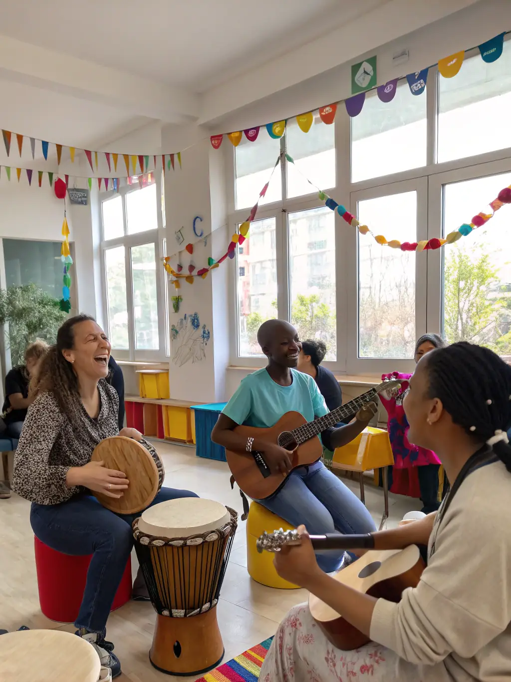 A heartwarming photo of seniors engaging in a SOCIETE MUSICALE DE ST AIGULIN music therapy session, playing simple instruments and singing together, with a therapist guiding them.