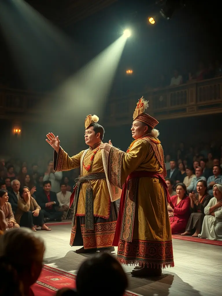 A captivating shot of a SOCIETE MUSICALE DE ST AIGULIN theatrical production, featuring actors in costume performing on stage, with the audience visible in the background.