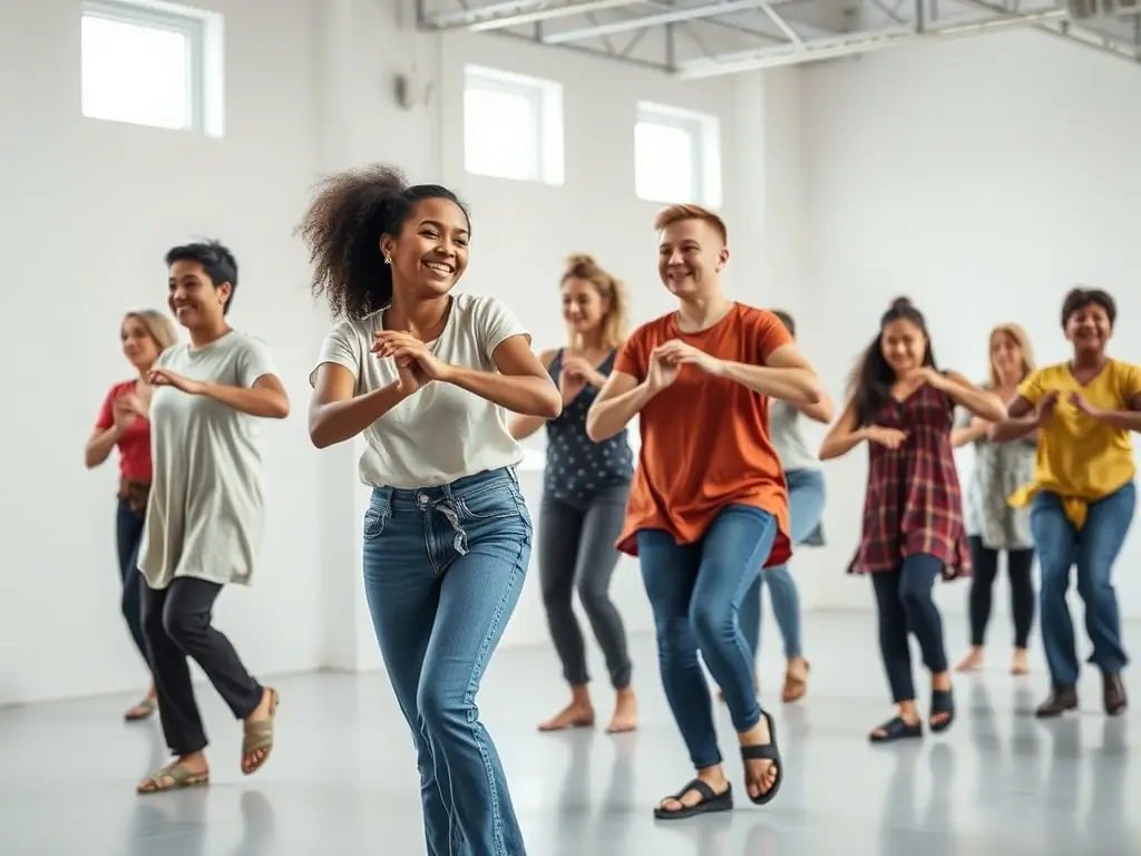 A dynamic image showing a dance workshop in progress, with participants of different ages and backgrounds learning a choreographed routine, set in a spacious studio with mirrors and dance equipment.
