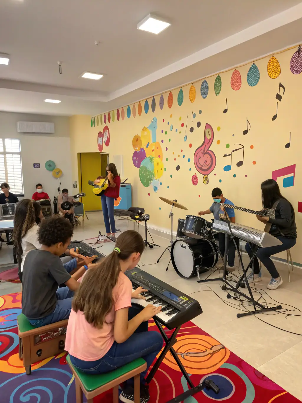 A vibrant image of children participating in a SOCIETE MUSICALE DE ST AIGULIN music workshop, playing various instruments and smiling, set against a backdrop of colorful musical notes and symbols.