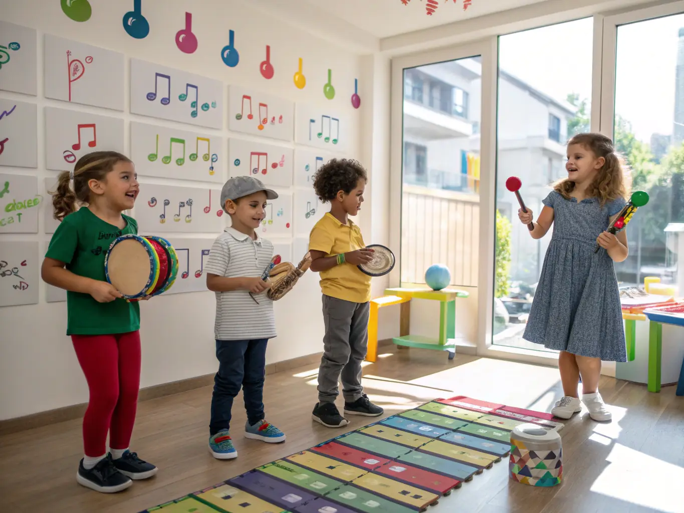 A vibrant image depicting a children's music class in session, with kids playing various instruments and a teacher guiding them, set in a brightly lit room with musical notes and decorations.