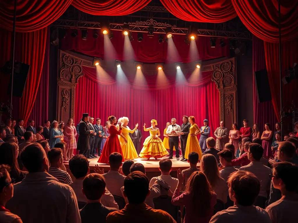 A captivating image featuring a community theater performance, with actors on stage in colorful costumes, performing a scene from a play, set against a backdrop of a village square.