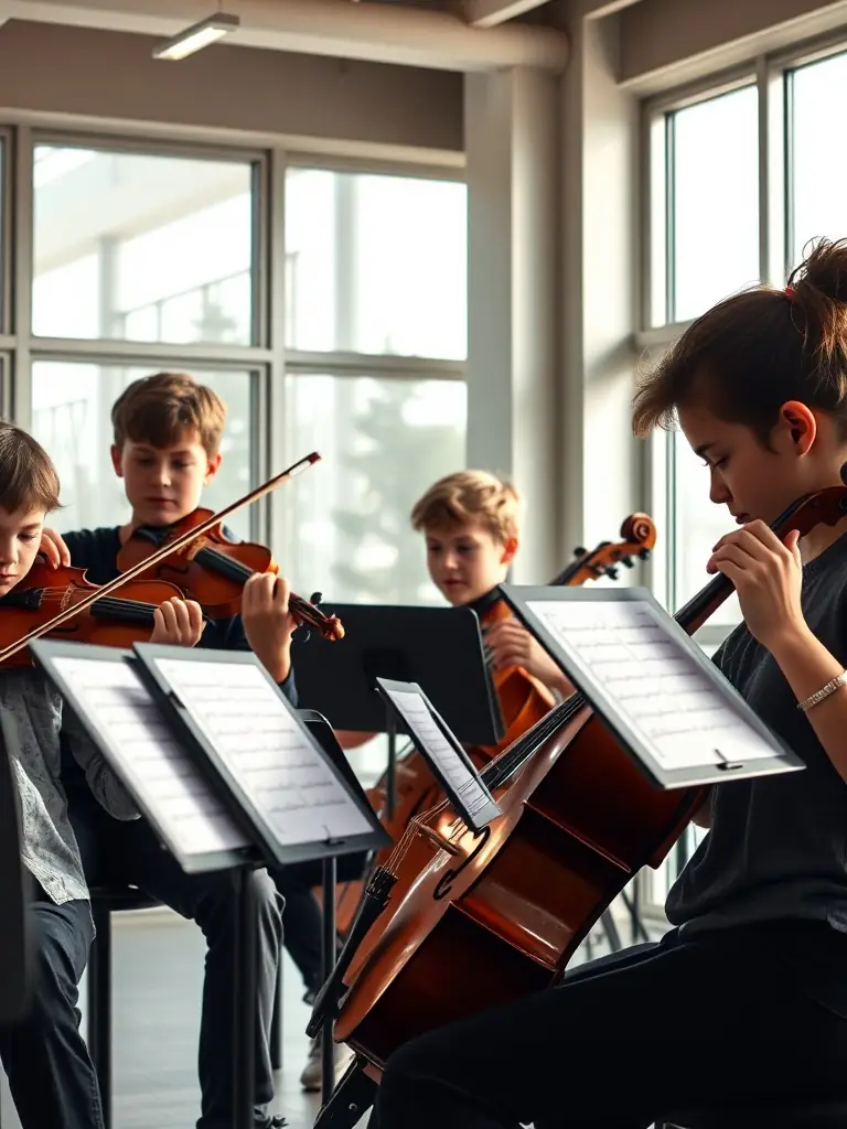 A photograph capturing a local band rehearsing in a community center, with musicians of various ages playing wind instruments, emphasizing collaboration and musical harmony.