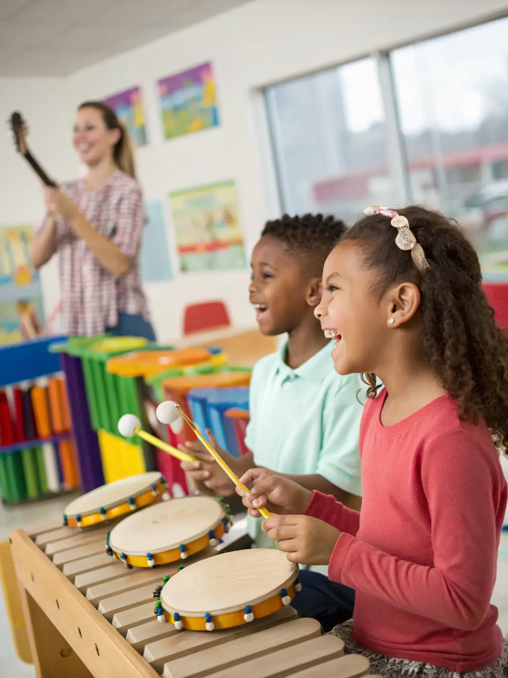 A vibrant photo of children participating in a SOCIETE MUSICALE DE ST AIGULIN music workshop, playing various instruments and smiling, set against a colorful backdrop of musical notes and art supplies.